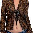 Sexy Mesh Cheetah Print Top, Sheer Leopard Tie Front Tops for Women, Long Flare Sleeve Shirts, Going Out Outfits, L