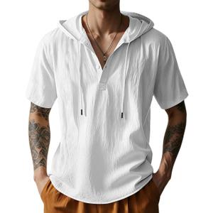 Men's Cotton Linen Shirts Short Sleeve Casual Button Down Hoodies Summer Hawaiian Beach Top with Drawstring (White, XL)