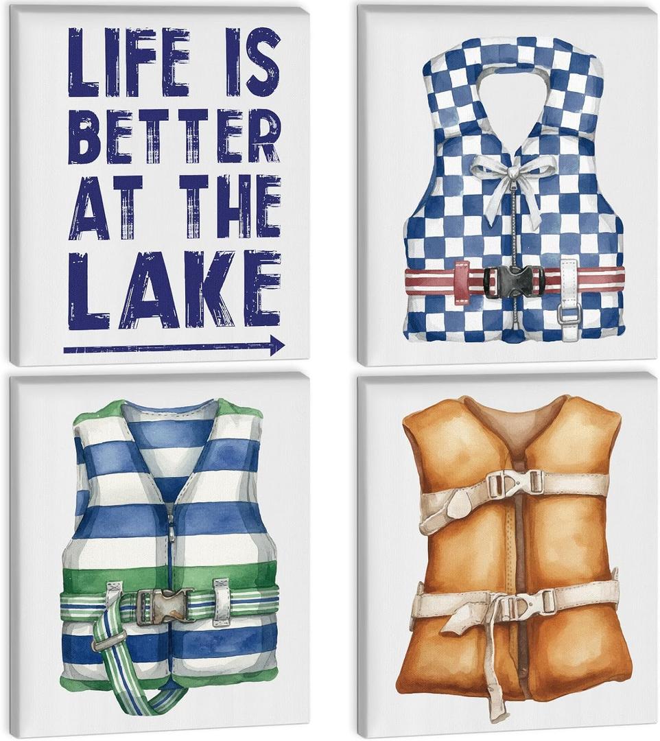 Bucherry Lake House Canvas Wall Art Set of 4 Vintage Life Jacket Beach House Wall Decor Rustic Lakehouse Decor for Cabin Farmhouse Kitchen Bathroom Bedroom, 8 x 10 Inch