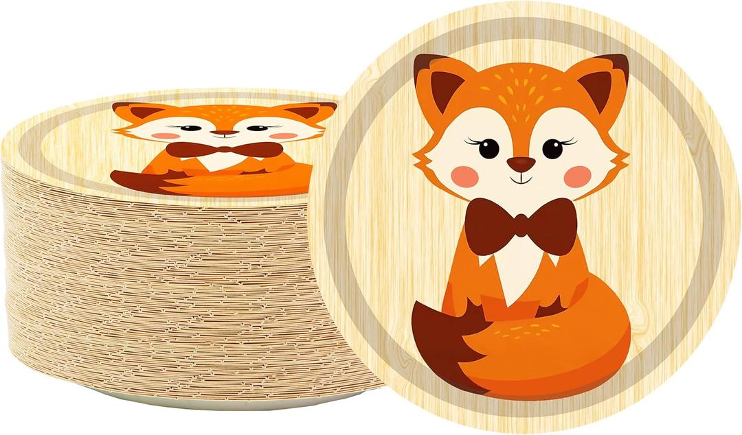 50 Pcs Fox Face Paper Dessert Plates Fox Theme 7" Plates Jungle Animal Party Decorations