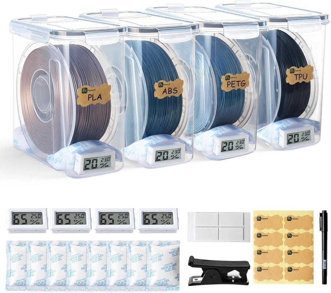 Filament Storage Box - 4 Pack 4L 3D Printer Filament Containers with 4 Hygrometers, Airtight Dry Boxes for Sealing and Protection, Water-Proof & Dust-Proof, Reusable Desiccant, Tube Cutter & Labels