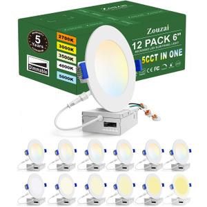 zouzai 12 Pack 6 Inch 5CCT UltraThin LED Recessed Ceiling Light with Junction Box, 2700K/3000K/3500K/4000K/5000K Selectable, 12W Eqv 110W,Dimmable, led can Lights ETL and Energy Star Certified