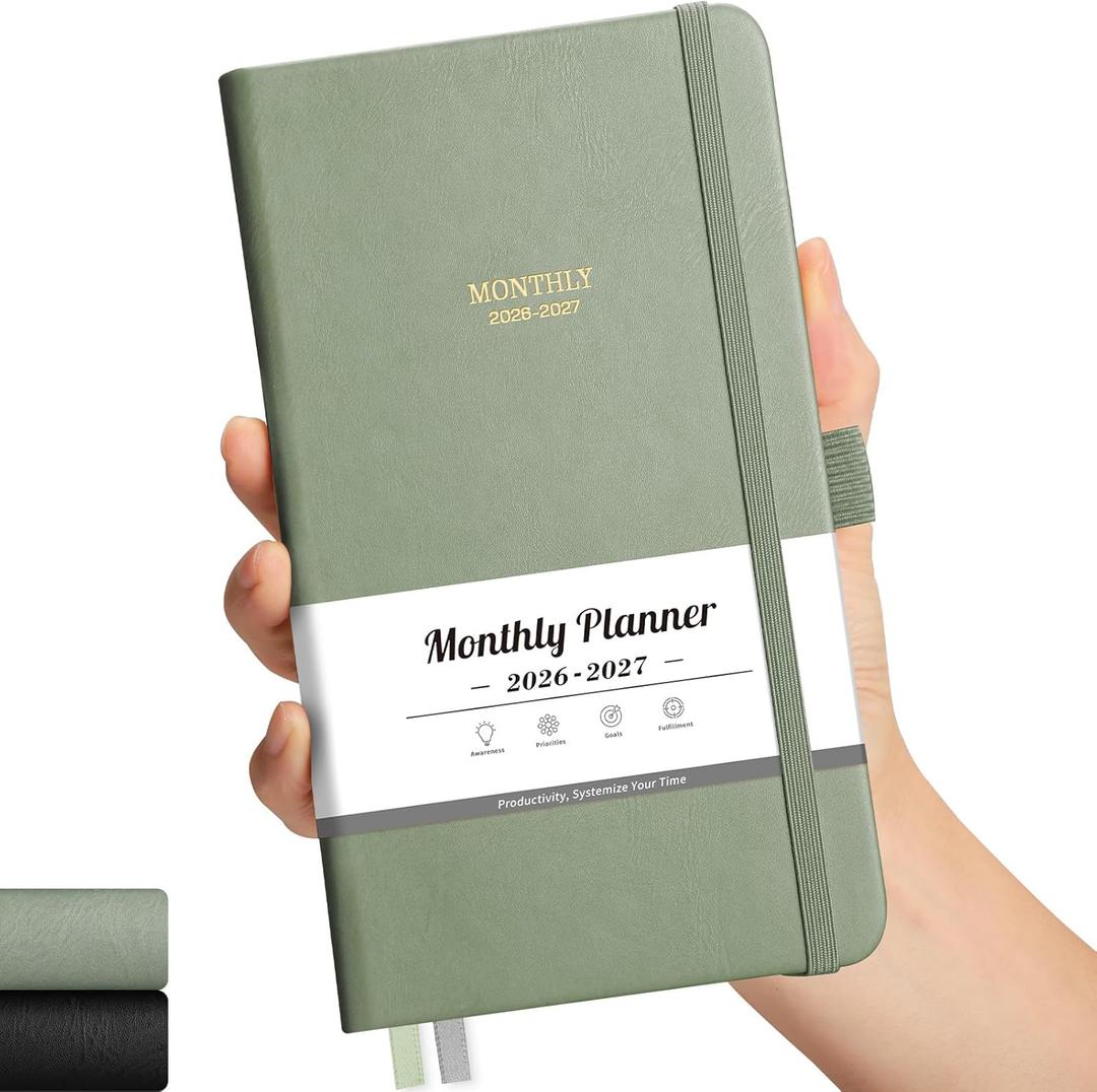 2026-2027 Monthly Planner, Jan 2026 - Dec 2027, Pocket Size (4.3" x 5.9"), 2026-2027 Calendar, 24 Self-adhesive Monthly Tabs, Leather Hardcover, 100 GSM Thick Paper (Light Green)