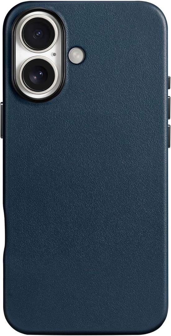 SHIELDON Case for iPhone 16 6.1" 2024, Compatible with MagSafe, Genuine Leather Magnetic Wireless Charging Slim Anti-Scratch Non-Slip Shock-Absorbent Phone Cover with Metal Buttons - Navy Blue