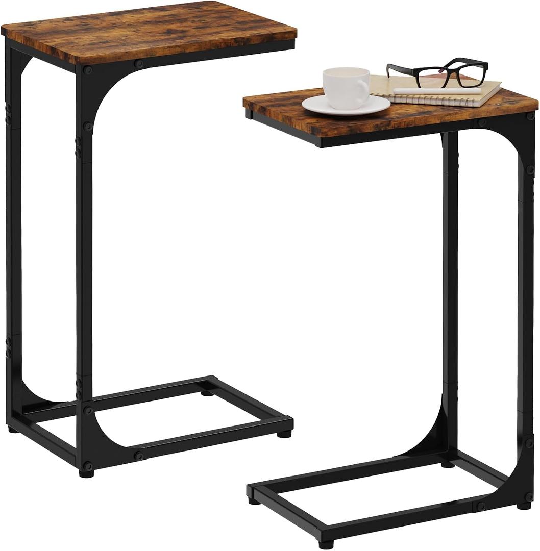 Narrow C Shaped End Tables Living Room TV Trays Set of 2, Small Thin Farmhouse Side Table Skinny Slide Under Couch Tray Tables for Sofa Bedroom Small Space 7 inch Width, Rustic Brown