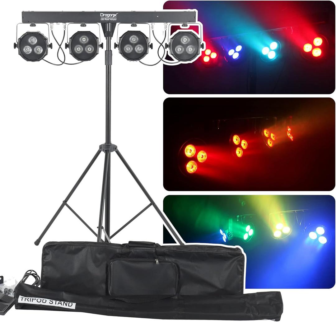 DragonX 4 Gig Bar DJ Lighting Stand  LED Stage RGB Par Lights, Lightweight Professional Strobe Light for Party, Disco Lights, Heavy Duty Tripod, Sound-Activated, Ideal for Band, Church and Concerts