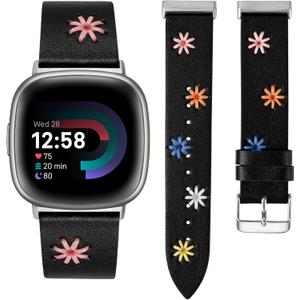 Wearlizer Leather Band Compatible with Fitbit Versa 4/Versa 3/Sense 2/Sense Band Women, Boho Cute Colorful Daisy Vibrant Floral Handmade Stitched Fancy Soft Leather Strap for Versa 3 4 Sense 2 (Black/Silver)