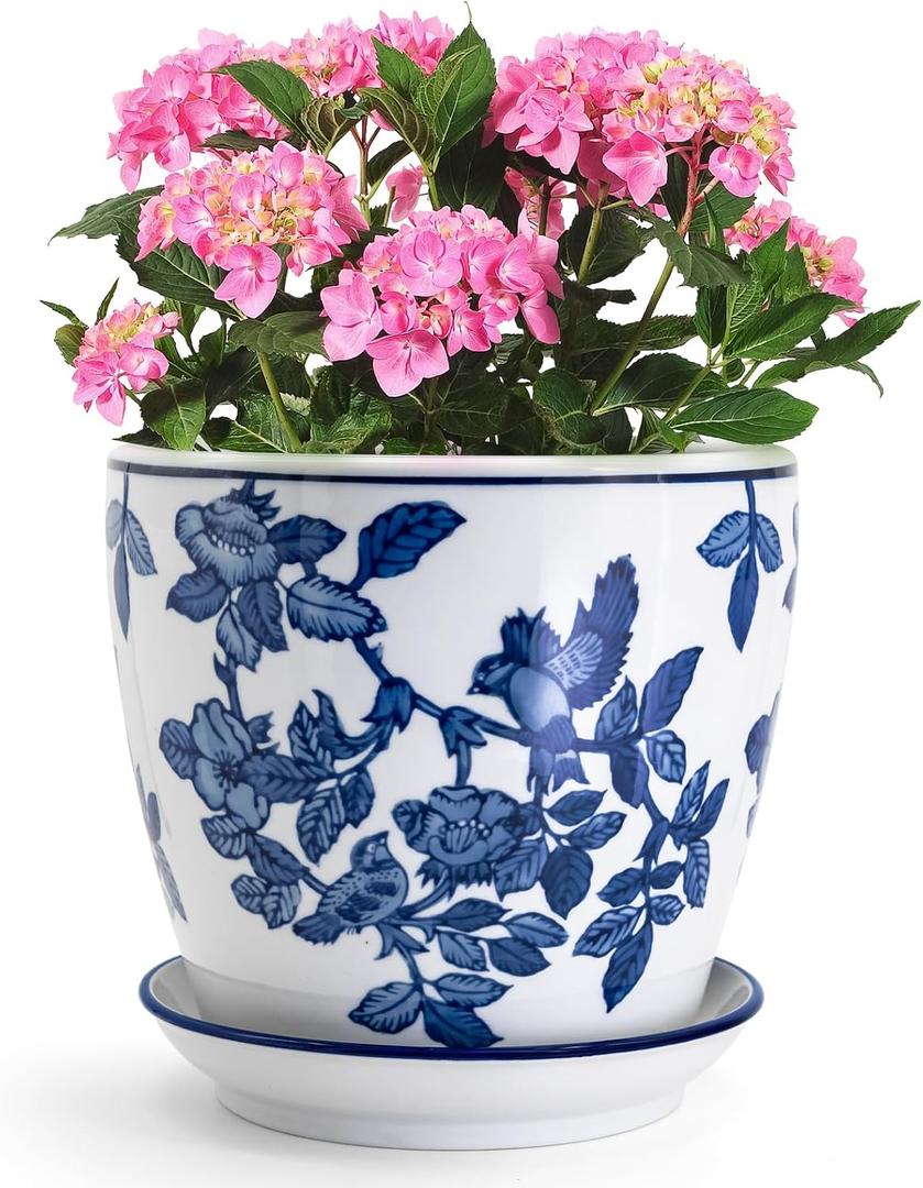 HakkaGirl 8 inch Ceramic Flower Pots, Chinoiserie Decor Ceramic Planter Plant Pots for Indoor Plants with Drainage and Saucer, Blue and White