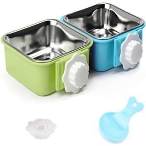Luck Dawn Crate Dog Bowl, Stainless Steel Removable Hanging Food Water Bowl Crate Coop Cup,Pet Cage Bowls with Bolt Holder for Dog, Puppy, Cat, Rabbit, Bird,Small Animals (Large (Pack of 2)) (Blue+Green)