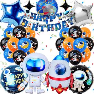 Space Theme Birthday Party Decorations Set, 30 Pieces with Astronaut Balloons, Rocket Ship, Banner, Star Foil Balloons (Blue, Black, Orange, Silver)