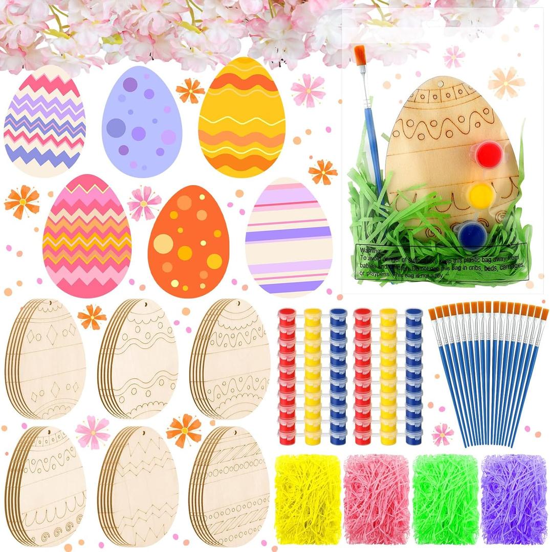 30 Sets Wooden Easter Ornaments to Paint 5" DIY Unfinished Easter Egg Wood Cutouts with Grass Raffia Paper Shreds and Acrylic Paints with Paintbrush for Hanging Crafts Decorations