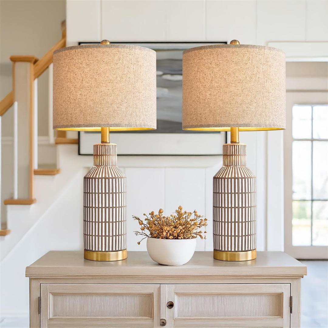 25" Table Lamps Set of 2, Modern Ceramic Bedside Lamps - Farmhouse Brown Nightstand Lamps for Bedroom, Boho Living Room End Table & Office Desk Decor