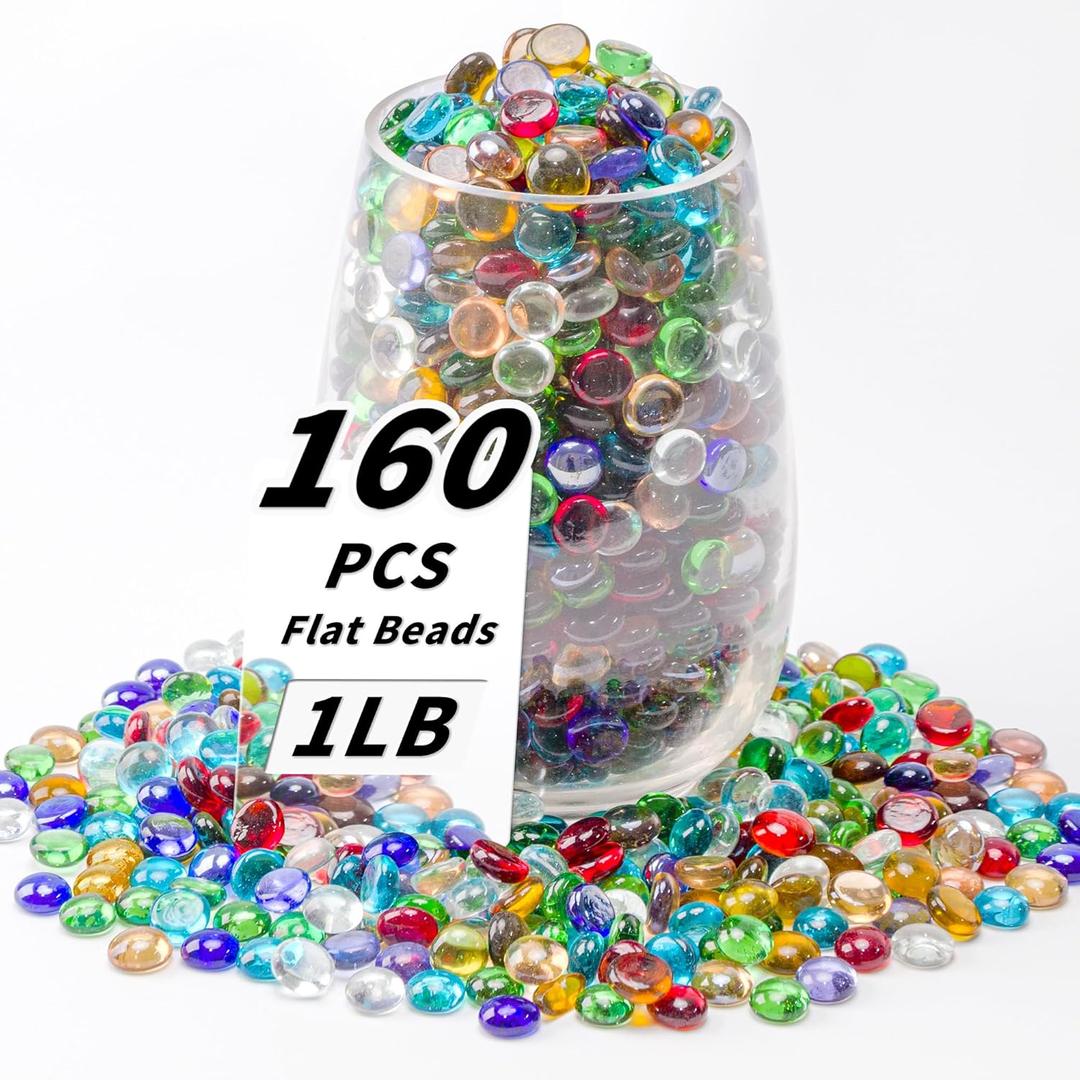 1 LB Mixed Color Flat Glass Beads, 160-180PCS Small Glass Marbles, Mini Flat Round Pebbles for Vase Filler and Floral, Fish Tank Rocks Decorative Gemstones for Home and Aquarium Dcor