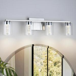 4-Light Brushed Nickel Bathroom Light Fixtures, Dimmable Vanity Light with Clear Glass Shade, Crystal LED Bathroom Lights Over Mirror for Bedroom, Living Room, Hallway, Farmhouse