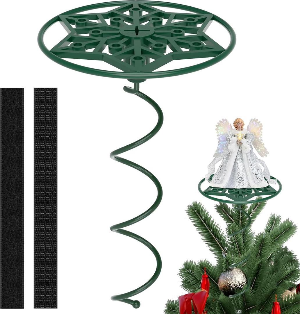 Christmas Tree Topper Holder, Universal Twist On Tree Topper Stabilizer, Christmas Tree Topper Support Stand with Metal Green Support Rod for Stabilizing Tree top Ornaments (Green-flat Base)