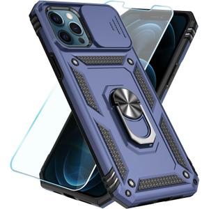 SunStory Compatible with iPhone 12 Pro Max Case with HD Screen Protector & Slide Camera Cover & Rotated Ring Kickstand, [Military-Grade] Phone Case for iPhone 12 Pro Max (Blue)