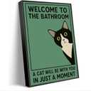Cute Kitten Vintage Welcome To The Bathroom Canvas Wall Art Funny Quirky Tuxedo Cat Wall decor pictures Simple Green Cat Lovers Prints Painting For Home Bedroom Dorm decoration Framed (Black Metal Framed)