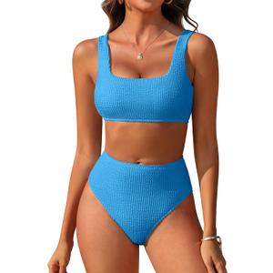 ANRABESS Women Two Piece Bikini Sets High Waist Square Neck Swimsuits Ribbed Textured Comfy Bathing SuitsBeach Swim Wear (Blue, L)