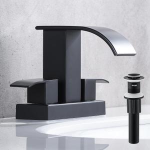 Black Waterfall Bathroom Sink Faucet with Pop up Sink Drain Stopper Overflow for Faucet Vessel, 4 Inch 2 Handles 2 or 3 Holes Centerset Faucet for Lavatory Bathroom Sink with Supply Lines