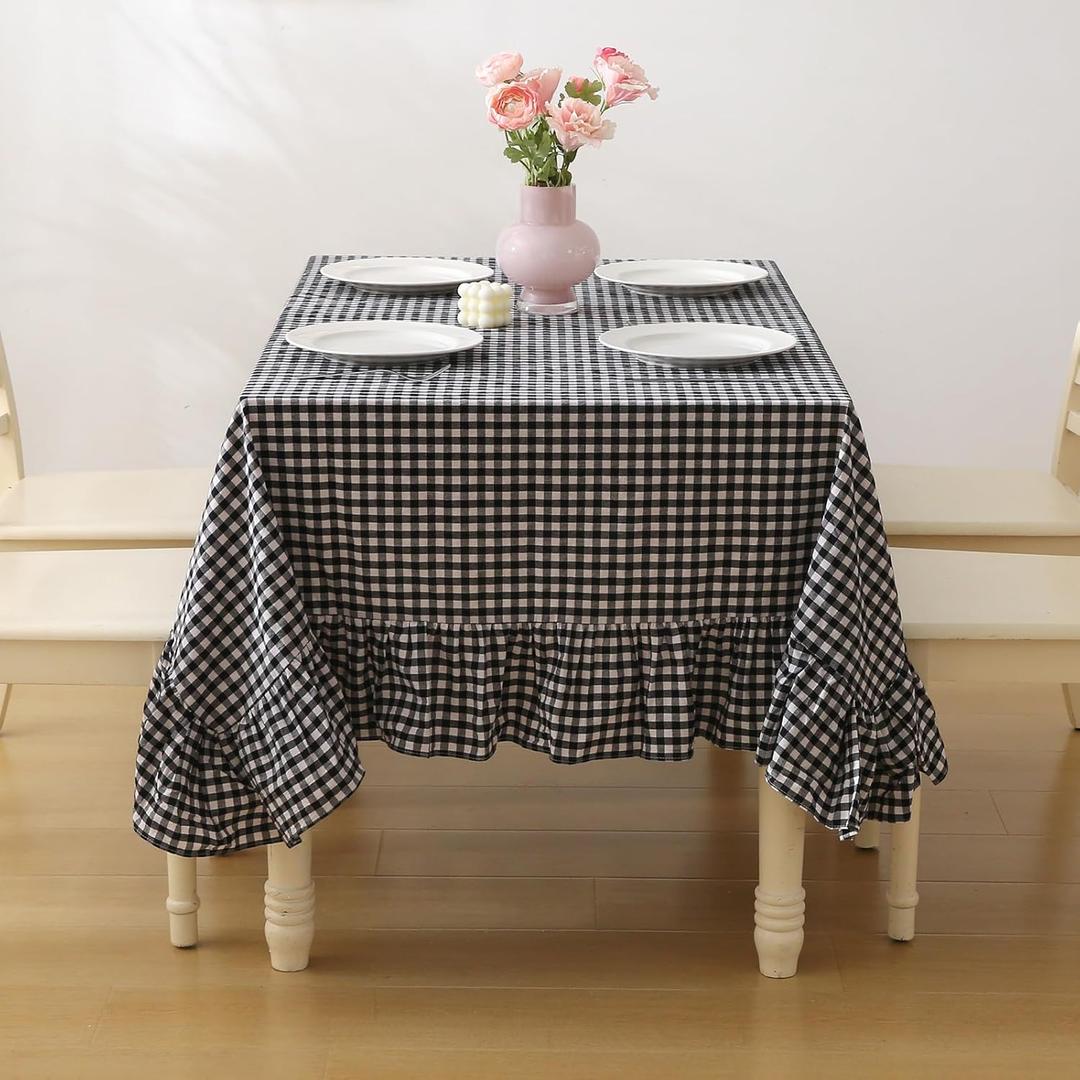 100% Cotton Black White Plaid Ruffled Table Cloth Rectangular 120x60 in Buffet Cottage Coquette Checker Gingham Vintage Decorative Tablecloth (Black/White Plaid, 120x60 inches)