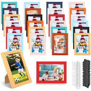 Roowest Set of 24 Picture Frame Bulk with Acrylic Sheet 4 x 6 Inch Wood Photo Frames with Invisible Nail and S Hooks for Wall Table Top Display(Soft Color)