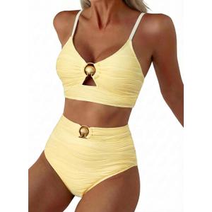 Herseas Womens 2 Piece Bikini Sets High Waisted Metal Ring Textured Swimsuit 2026 Summer Bathing Suits Beach Swimwear, M