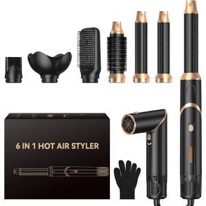6 in 1 Hair Dryer Brush, Foldable Blow Dryer Brush with Air Styler Curler Wrap, Detachable Hot Air Brush Dry,Volumize, Straight,Curl, Negative Ion Brush Blow Dryer with Diffuser, Hair Styler Tools