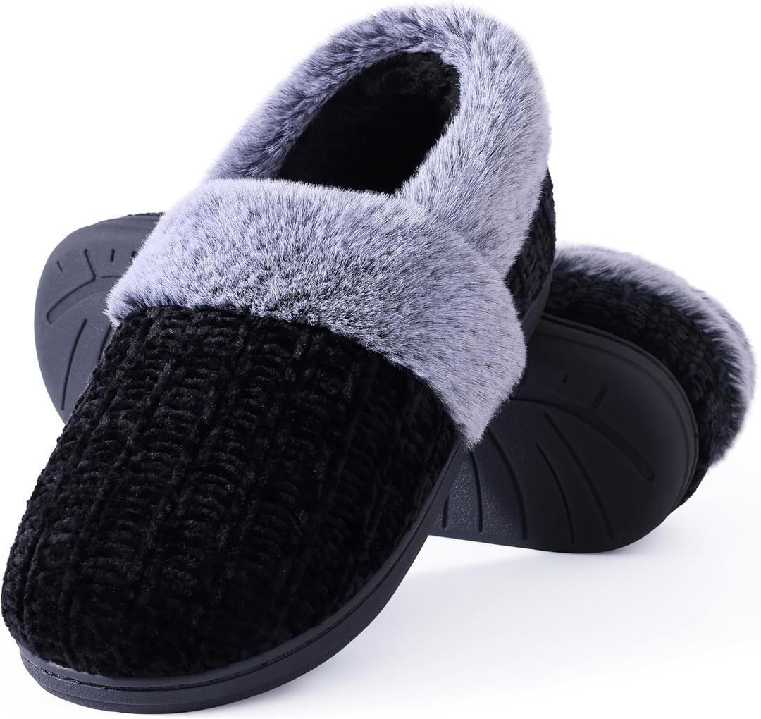 Evshine Women's Fuzzy Memory Foam Slippers, Closed Back Knit Bedroom Slippers, Slip-On Warm House Shoes for Indoor & Outdoor Comfort, Black, 41-42 (Size 9-9.5)