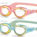 Kid Swim Goggles 2 Packs - Anti-Fog UV Protection for Kids Girls Boys Teens for Indoor &Outdoor Swimming (Pink and Green-1)