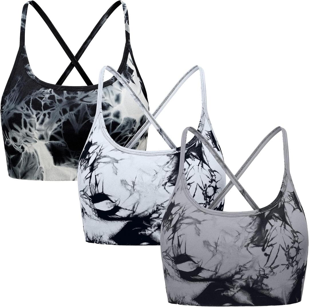 OVESPORT 3 Piece Women's Workout Sports Bras Seamless Tie-dye Strappy Gym Yoga Crop Bra (Medium, White/Black/Gray)