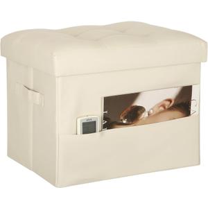 Storage Ottoman Foot Rest Stool, Folding Leather Footstool Bench with Thicker Foam Padded Seat. Short Foot Stool Ottoman with Storage for Living Room Bedroom 350 lbs, 17x13x13in, Beige