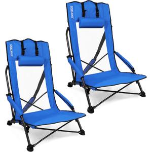 SPORT BEATS Low Beach Chairs Set of 2 Folding Beach Chairs High Back Support with Head Pillows Shoulder Straps (Blue)
