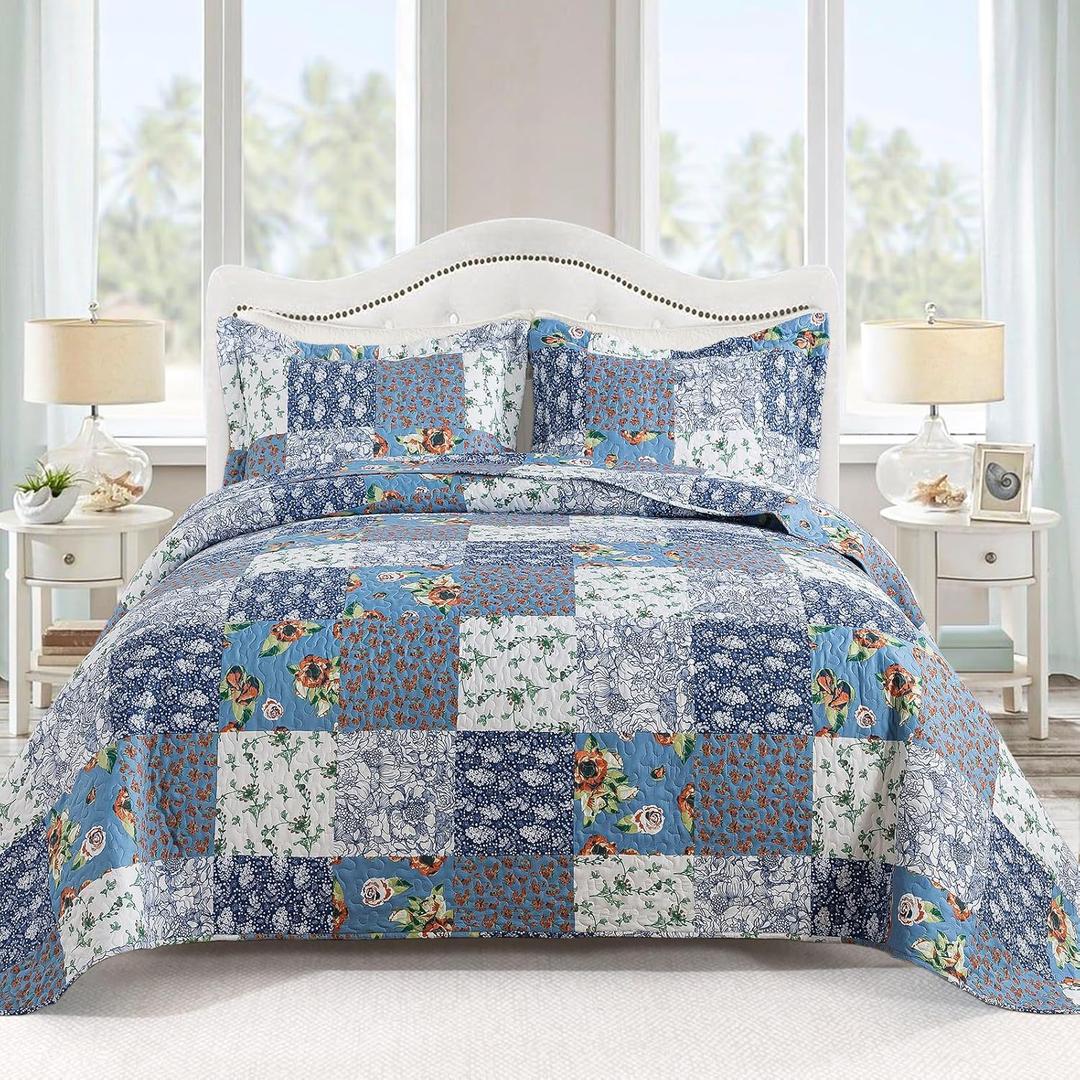 VAPUTAR King Size Quilt Set - Reversible Floral King Size Bedspreads with Wavy Edges - Lightweight Farmhouse King Quilt Bedding Sets for Bed Decorations, 3 Pieces (King (98"  106"))