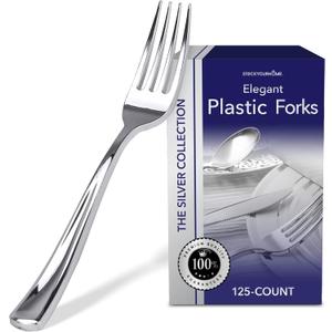Stock Your Home 125 Disposable Heavy Duty Plastic Forks, Fancy Plastic Silverware Looks Like Real Cutlery - Utensils Perfect for Catering Events, Restaurants, Parties and Weddings (Silver)