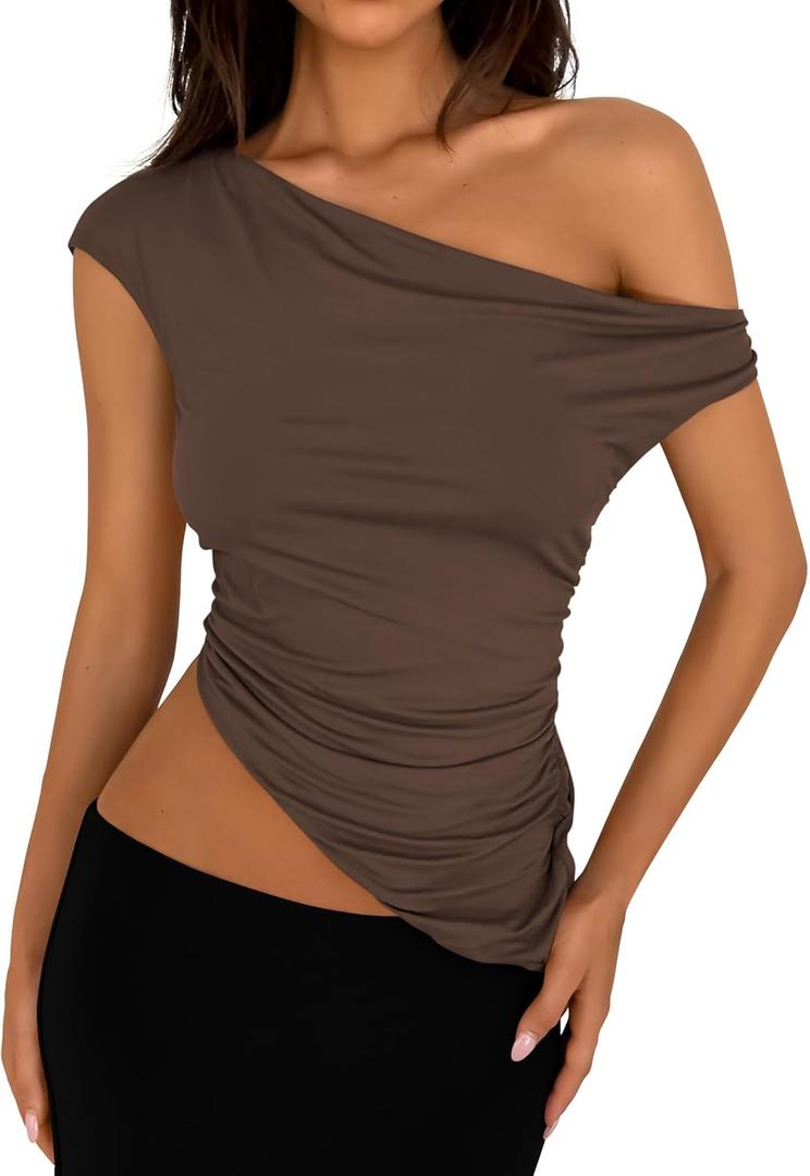 PRETTYGARDEN Womens Off The Shoulder Y2K Tops 2026 Summer Sleeveless Asymmetrical Ruched Going Out Tank Top Fashion Clothing (Brown, S)