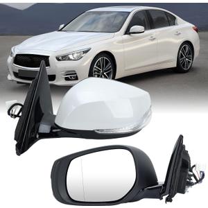 Left Driver Side Mirror Compatible with Infiniti Q50 2014-2021 Heated Power Glass Manual Folding Turn Signal Indicator 7 Pins Replace IN1320129 | 963024HB0A (Pearly White)