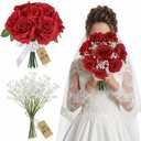 Artificial Roses with Babys Breath Flower Bouquet 8 Fake Silk Rose Artificial Flowers Head with Stems 20 Babys Breath Faux Flower for DIY Wedding Party Home Table Centerpieces Decor (Red)