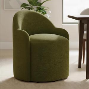 Upholstered Dining Chairs with Casters, No Assembly Modern Dining Room Chairs Accent Vanity Chair with 5 Wheels & Round Backrest for Bedroom, Living Room, Dressing, Green Fabric, Set of 1