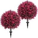 Artificial Red Eucalyptus Topiary Ball Tree 24" with Ground Spike, Set of 2 Artificial Boxwood Bushes for Faux Shrubs, Fake Evergreen Faux Plant for Indoor Outdoor Garden -UV ResistantFade-Proof