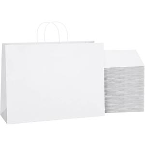 SHOPDAY White Paper Bags with Handles 16x6x12, 25 Pack Large Kraft Paper Bags Bulk, Tote Bags Shopping Bags, Paper Gift Bags, Retail Bags Merchandise Bags for Grocery Business Takeouts