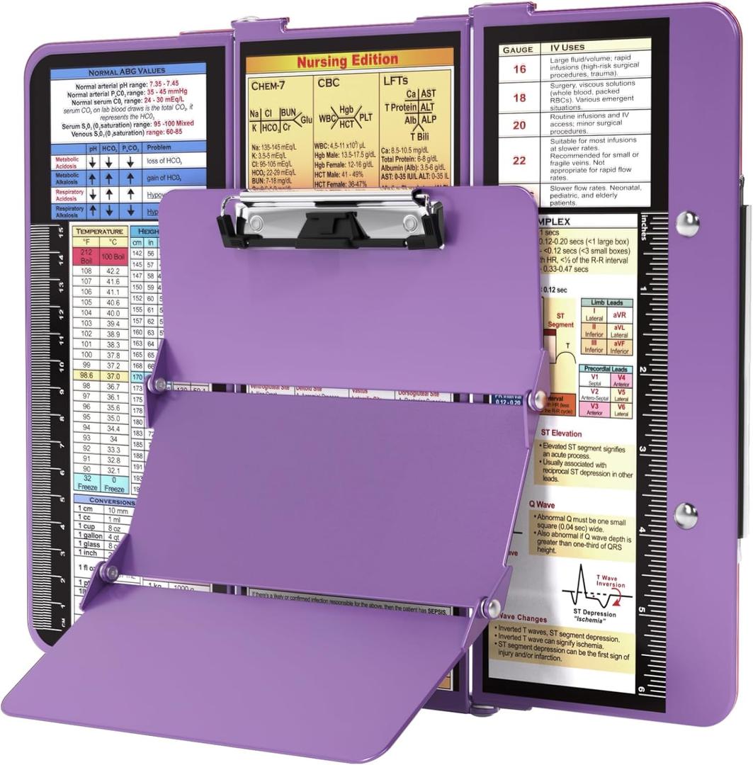 Nursing Clipboard Foldable, Foldable Clipboard w/Nursing Edition Medical Charts, 3 Layers Aluminum, Nurse Clip Board w/Low Profile Clip&Pen Clip for Students, Nurses and Doctors, Purple
