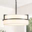 19.7" Black Drum Chandelier,5-Lights Large Drum Pendant Light with White Linen Shade Round Modern Chandeliers for Dining Room Bedroom Kitchen Island Over Table Hanging Ceiling Light Fixtures