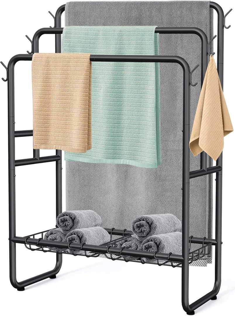 Kayfia 40" Tall Standing Towel Racks, 3 Tier Towel Stand Blanket Rack with 2 Removable Storage Baskets & 6 Hooks, Indoor Outdoor Freestanding Towel Racks for Bathroom Bedroom Organizer (Black)