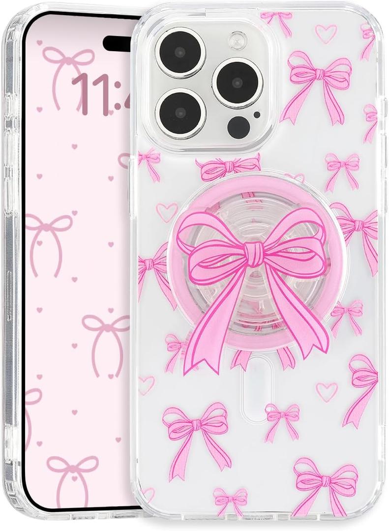 Magnetic Case for iPhone 15 Pro, 3D Pink Magnetic Stand Bowknot Phone Case, Cute Pink Clear Bow Aesthetic Design Soft Durable TPU Transparent Protective Cover for Women Girls-03