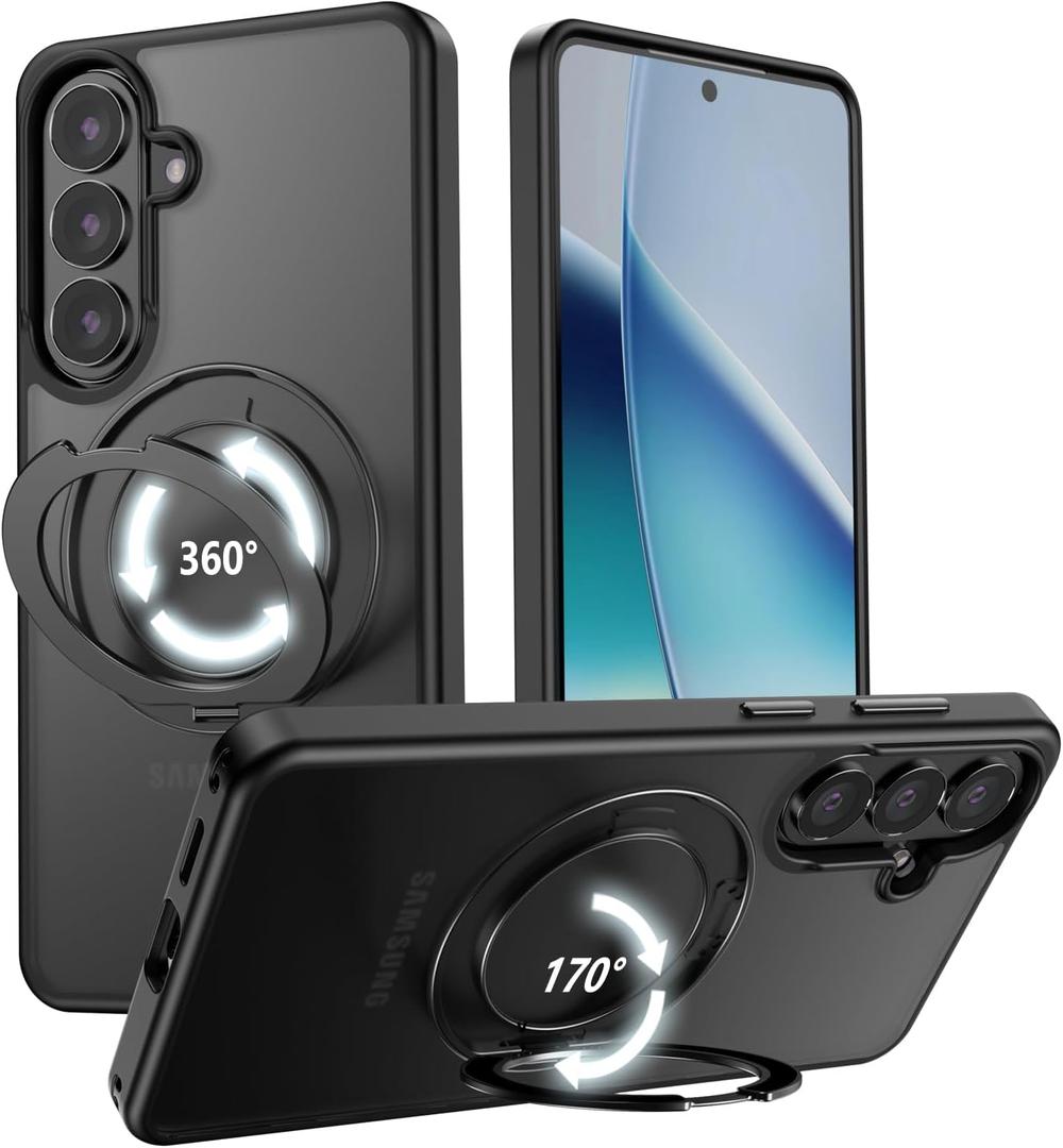 VUM Galaxy S26 Case 6.3", MagSafe Supported, Full Camera Protection, Built-in Magnetic Ring, 360° Rotatable Magnetic Stand, Military Grade Shockproof, Semi-Transparent Matte, Black