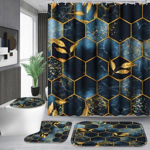 Poedist 4 Pcs Bathroom Shower Curtain Set,Bathroom Sets with Rugs(Bath Mat,U Shape and Toilet Lid Cover Mat) and 12 Hooks,Black and Blue Honeycomb Marble