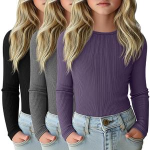 3 Pack Girls Long Sleeve Shirts Ribbed Knit Cotton Layering Tops Slim Fit Crewneck Casual Undershirts, Color: Black, Dark Gray, Mauve, 7-8