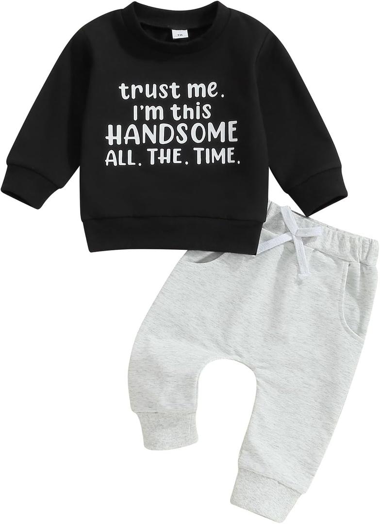 Toddler Baby Boy Fall Clothes Letter Print Long Sleeve Sweatshirt Elastic Pants Cute Kids Winter Outfits (3-6 Months)