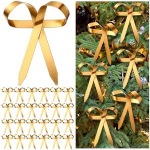 Daifunli 24 Pcs Gold Metal Christmas Bow Ornaments for Christmas Tree Garland Wreath Bulk Bow with Clip Ornament Vintage Indoor Outdoor Home Xmas Party Decorations, 4 x 5 Inches