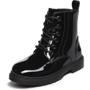Athlefit Boys Girls Waterproof Combat Boots Lace Up Side Zipper Ankle Booties for Toddler/Little Kid/Big Kid (Black Patent) Size 1